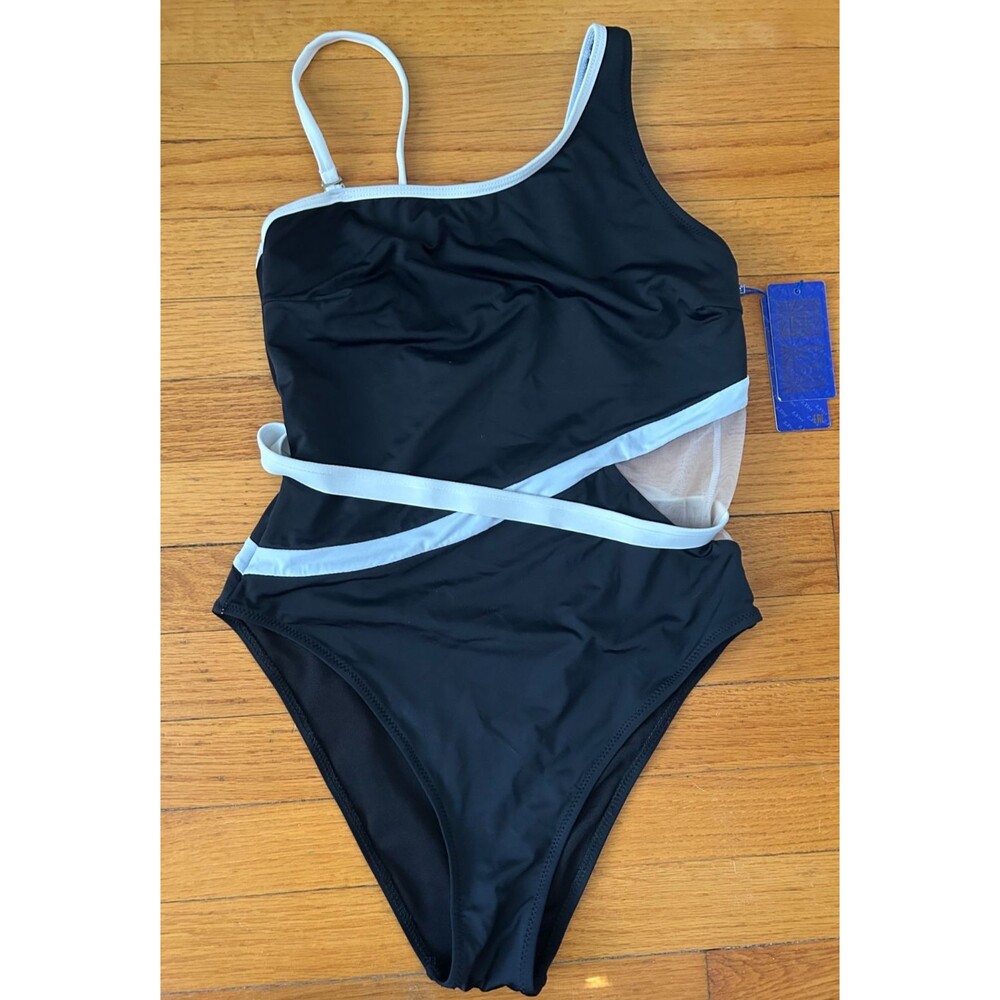 Womens XS /S Black White One Piece Elegant Swimsuit Mesh Unlined Wire Free Comfy